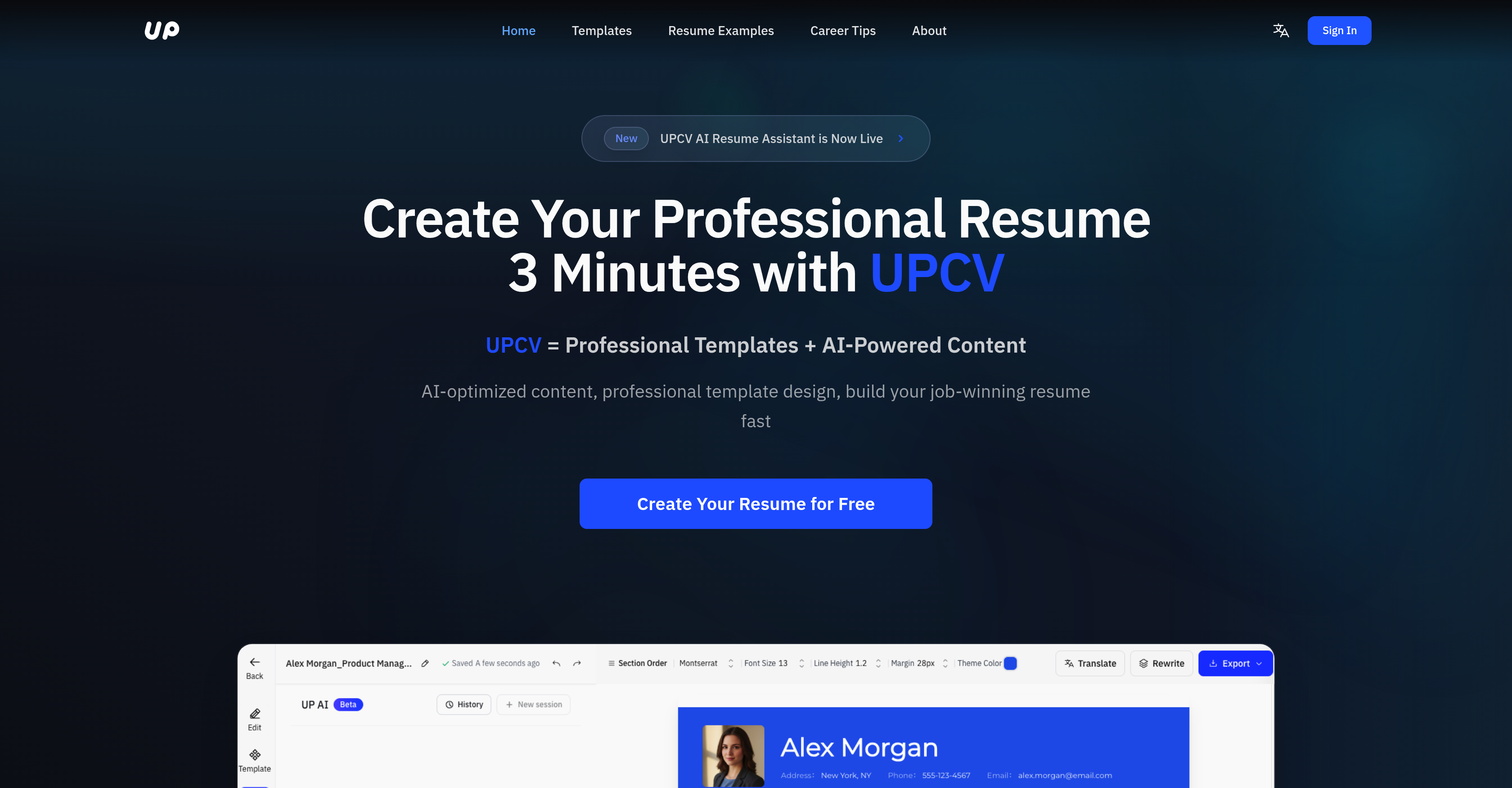 UPCV - AI Resume Builder - Screenshot showing the interface and features of this AI tool