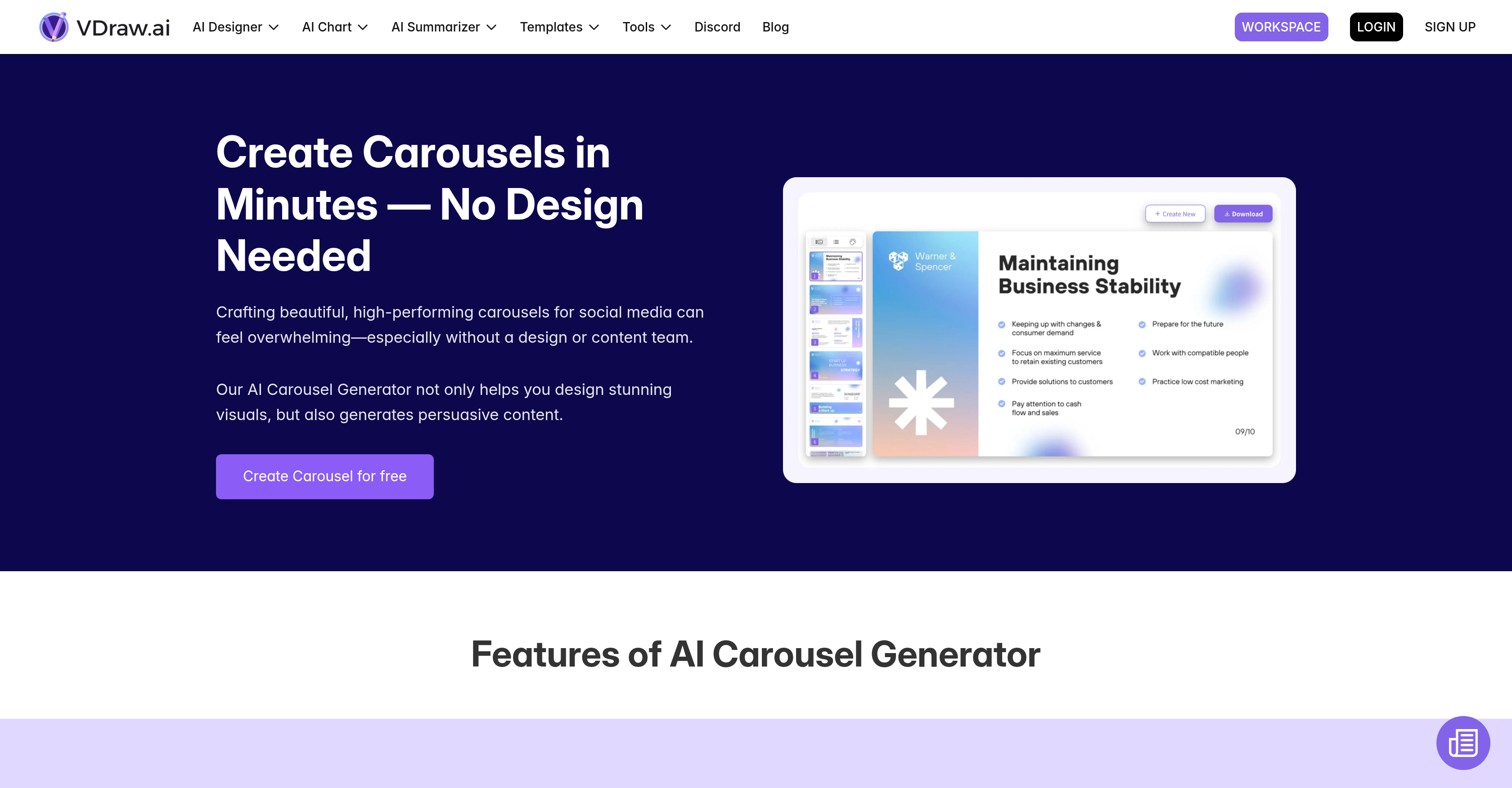VDraw - AI Carousel Generator - Screenshot showing the interface and features of this AI tool