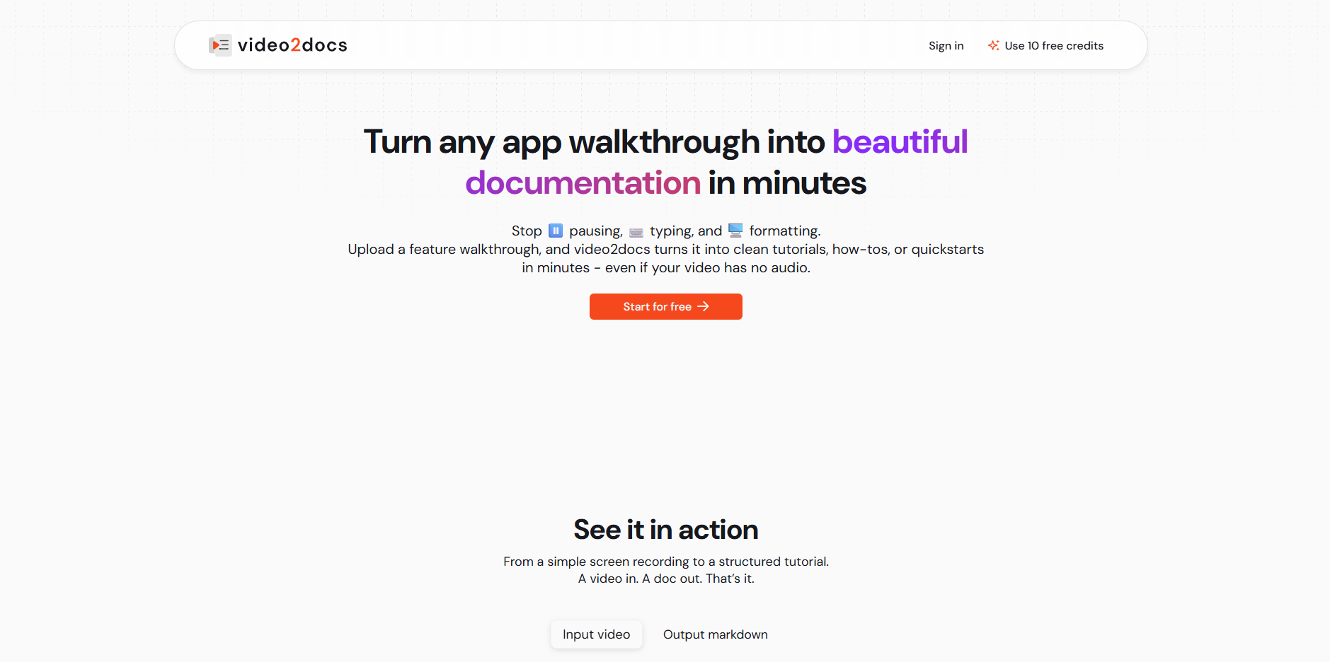 video2docs - Screenshot showing the interface and features of this AI tool