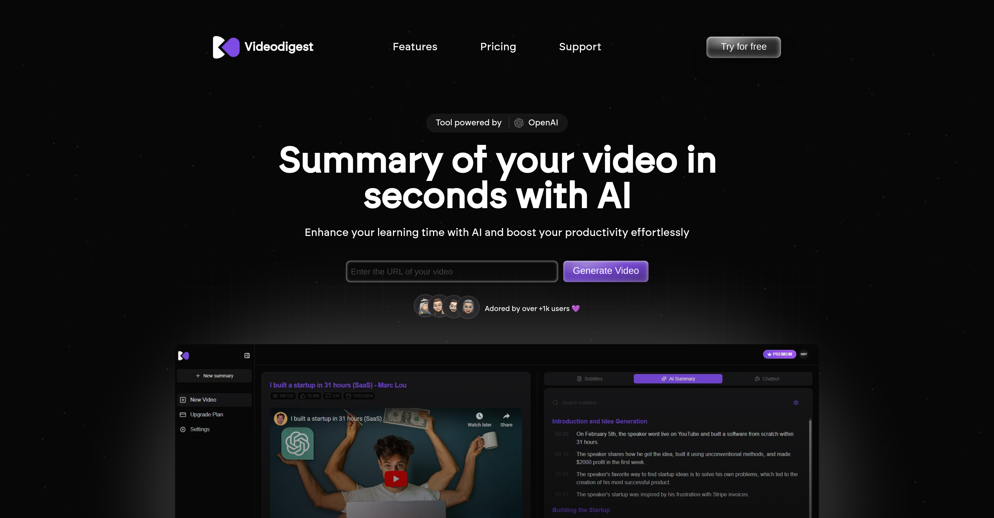VideoDigest - Screenshot showing the interface and features of this AI tool
