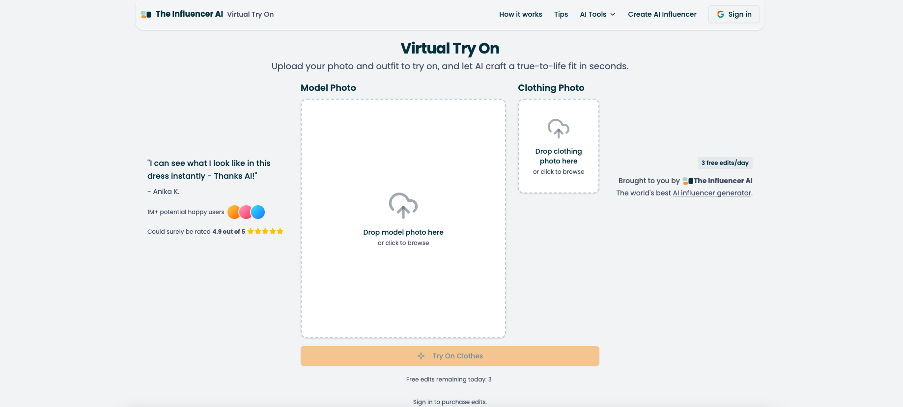 Virtual Try On by The Influencer AI - Screenshot showing the interface and features of this AI tool
