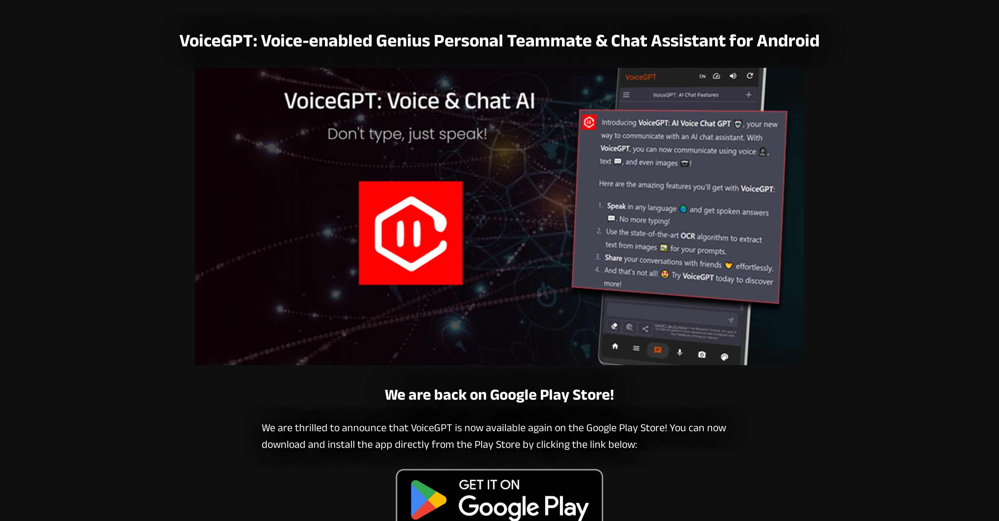 VoiceGPT - Screenshot showing the interface and features of this AI tool