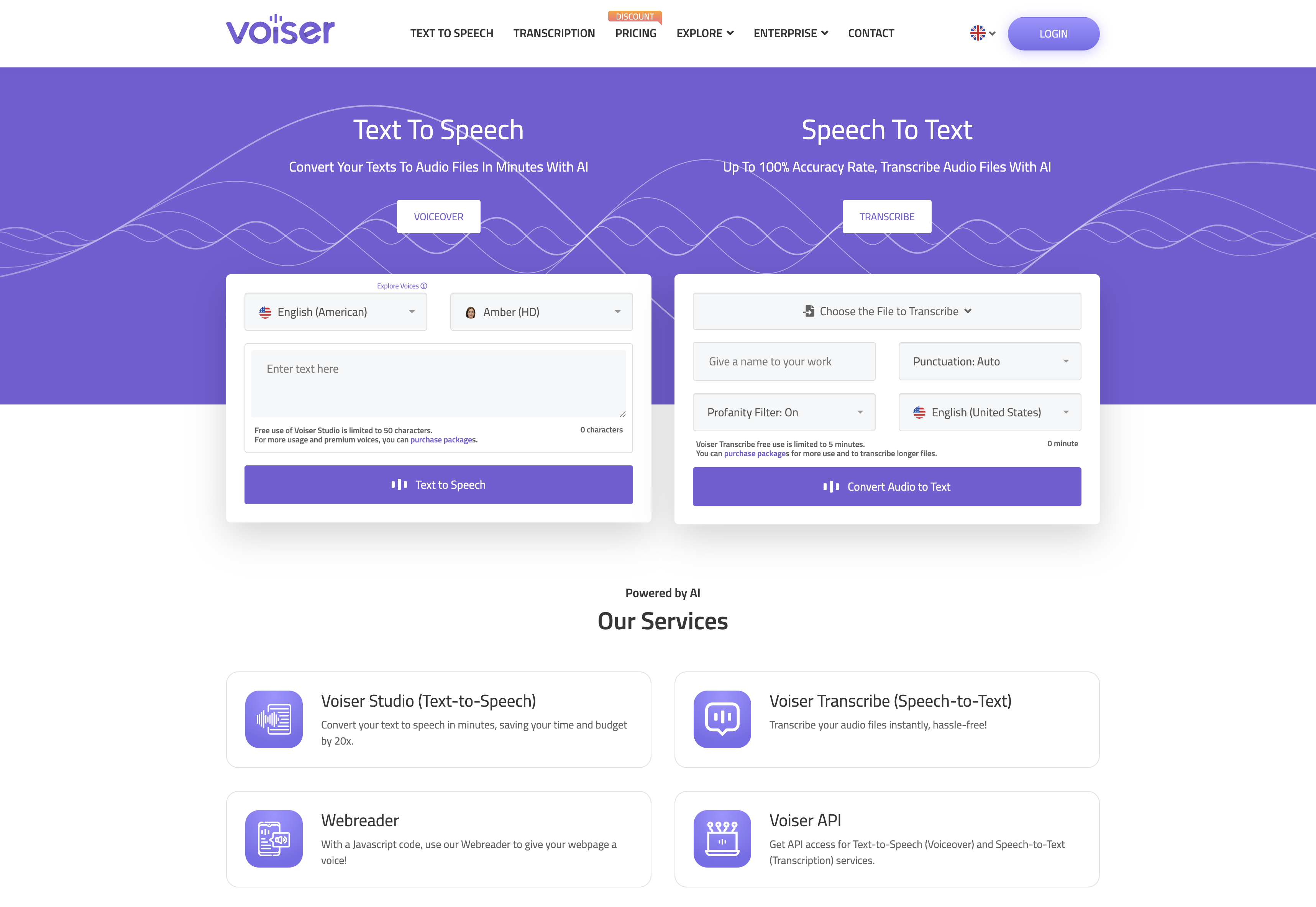 Voiser - Screenshot showing the interface and features of this AI tool