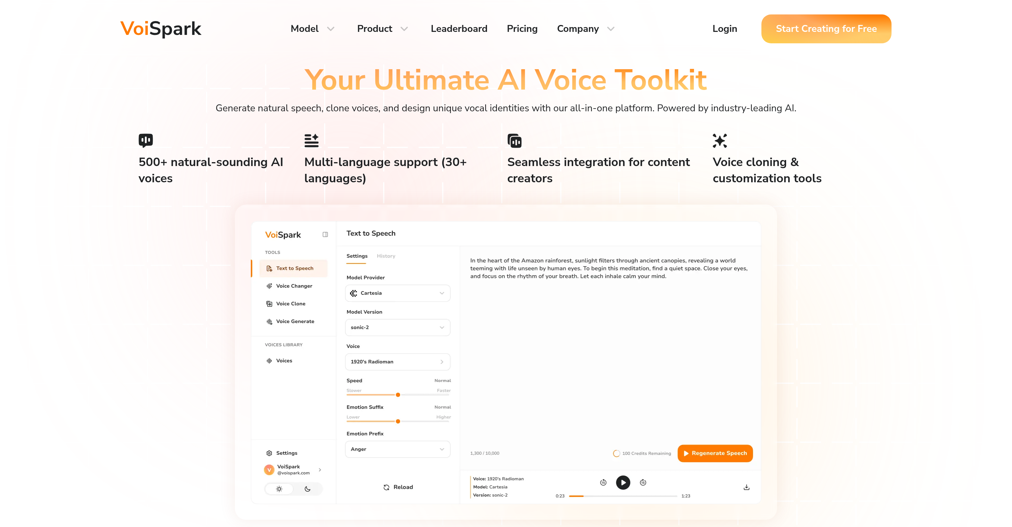VoiSpark - Screenshot showing the interface and features of this AI tool