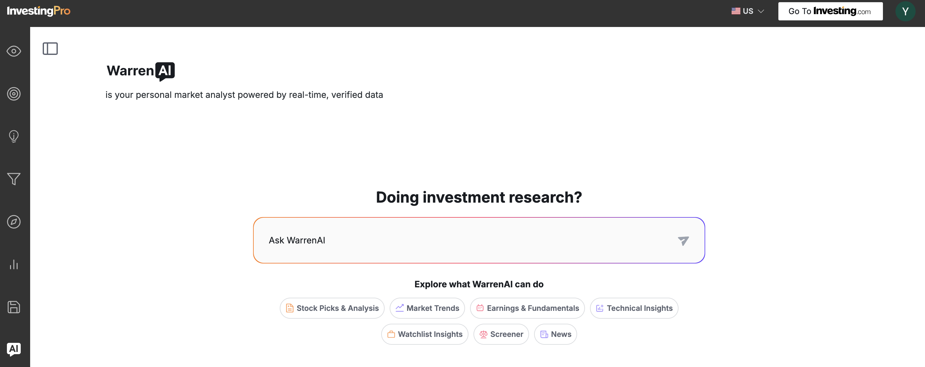Investing.com - WarrenAI - Screenshot showing the interface and features of this AI tool