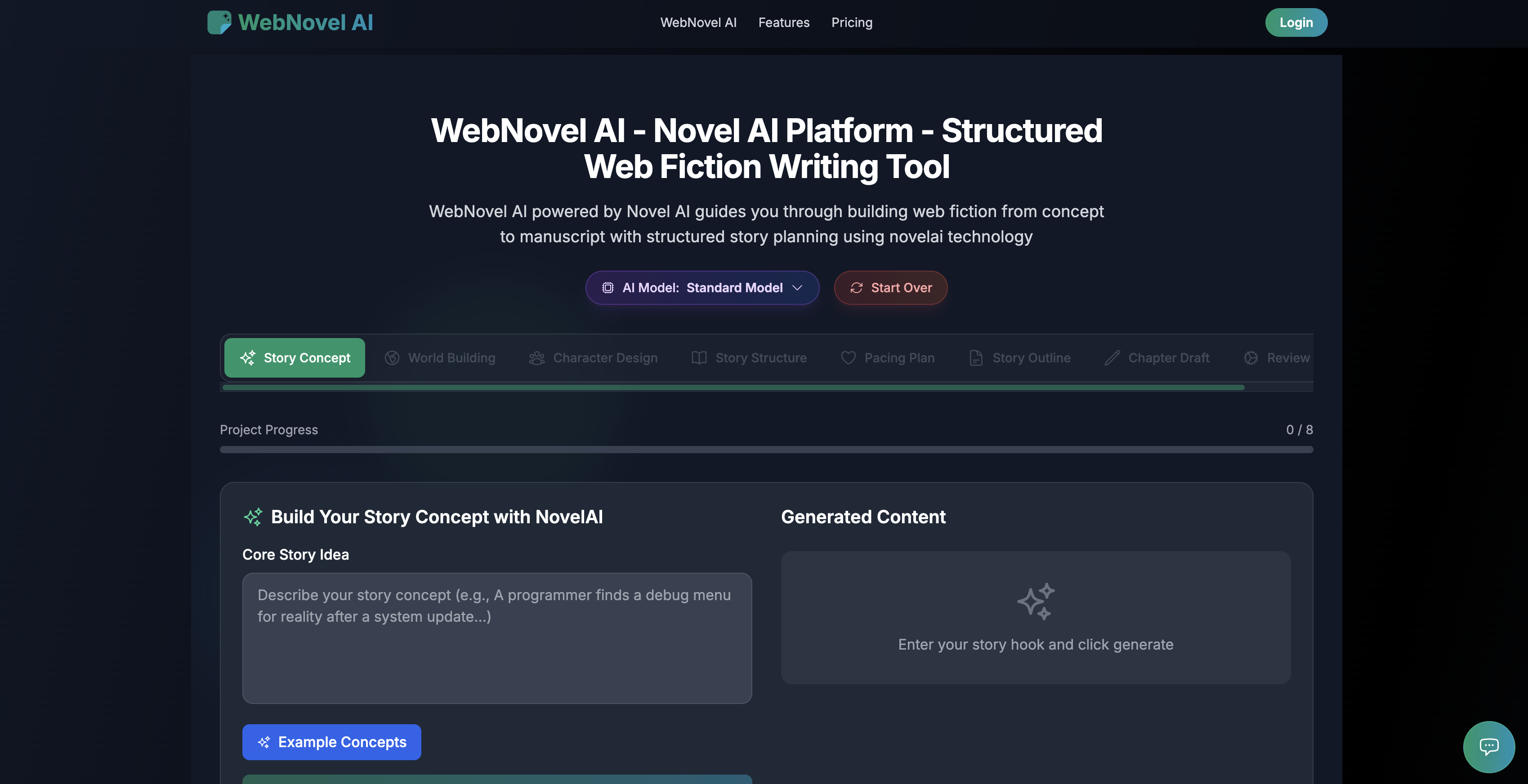 WebNovel AI - Screenshot showing the interface and features of this AI tool