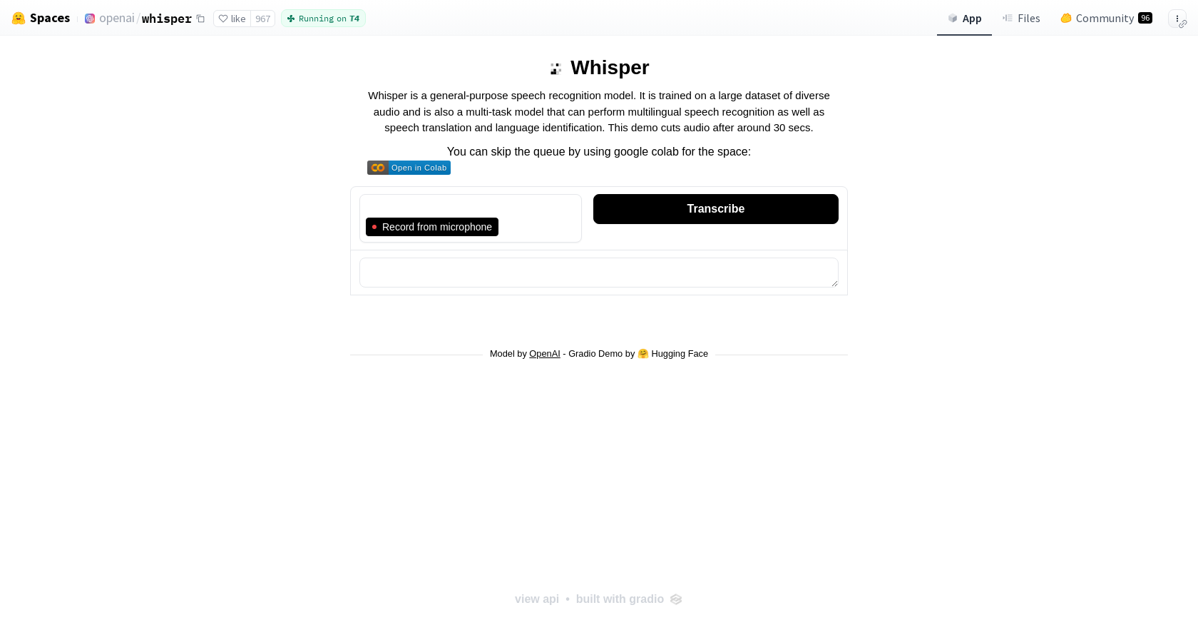 Whisper - Screenshot showing the interface and features of this AI tool
