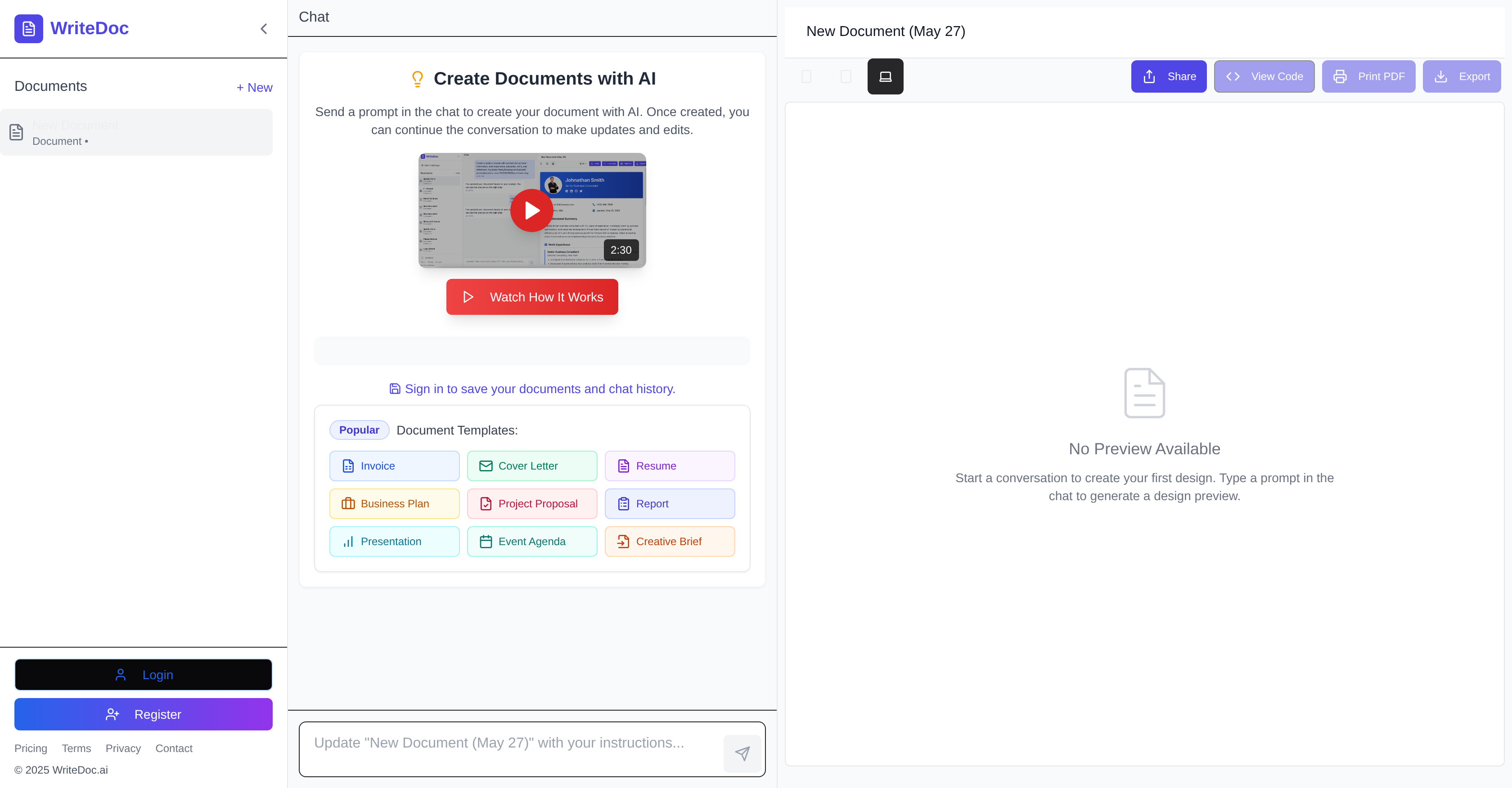 WriteDoc.ai - Screenshot showing the interface and features of this AI tool