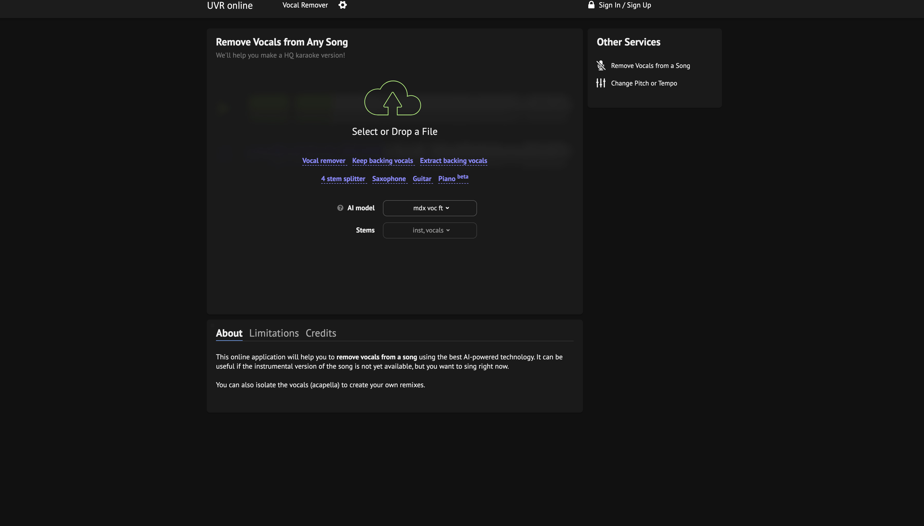 X-Minus - Screenshot showing the interface and features of this AI tool
