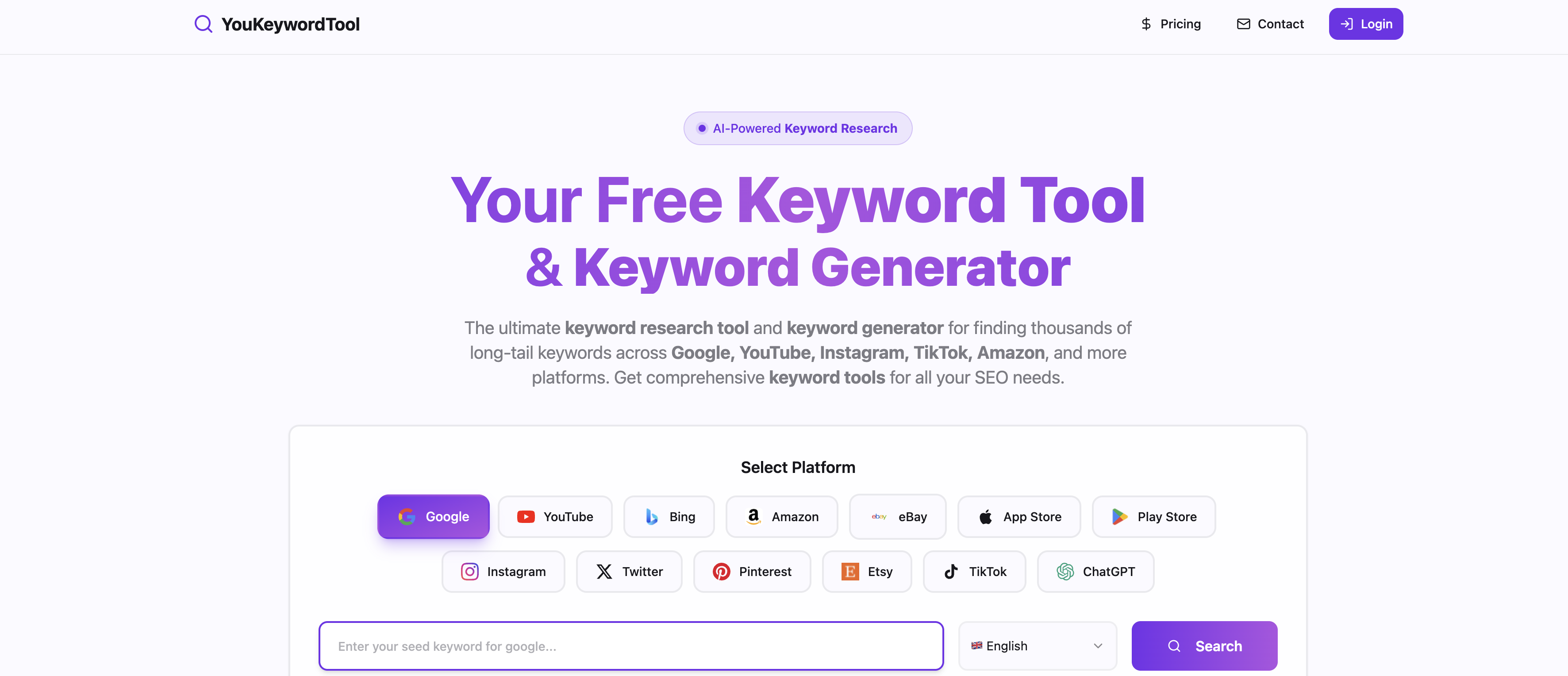 YouKeywordTool.com - Screenshot showing the interface and features of this AI tool