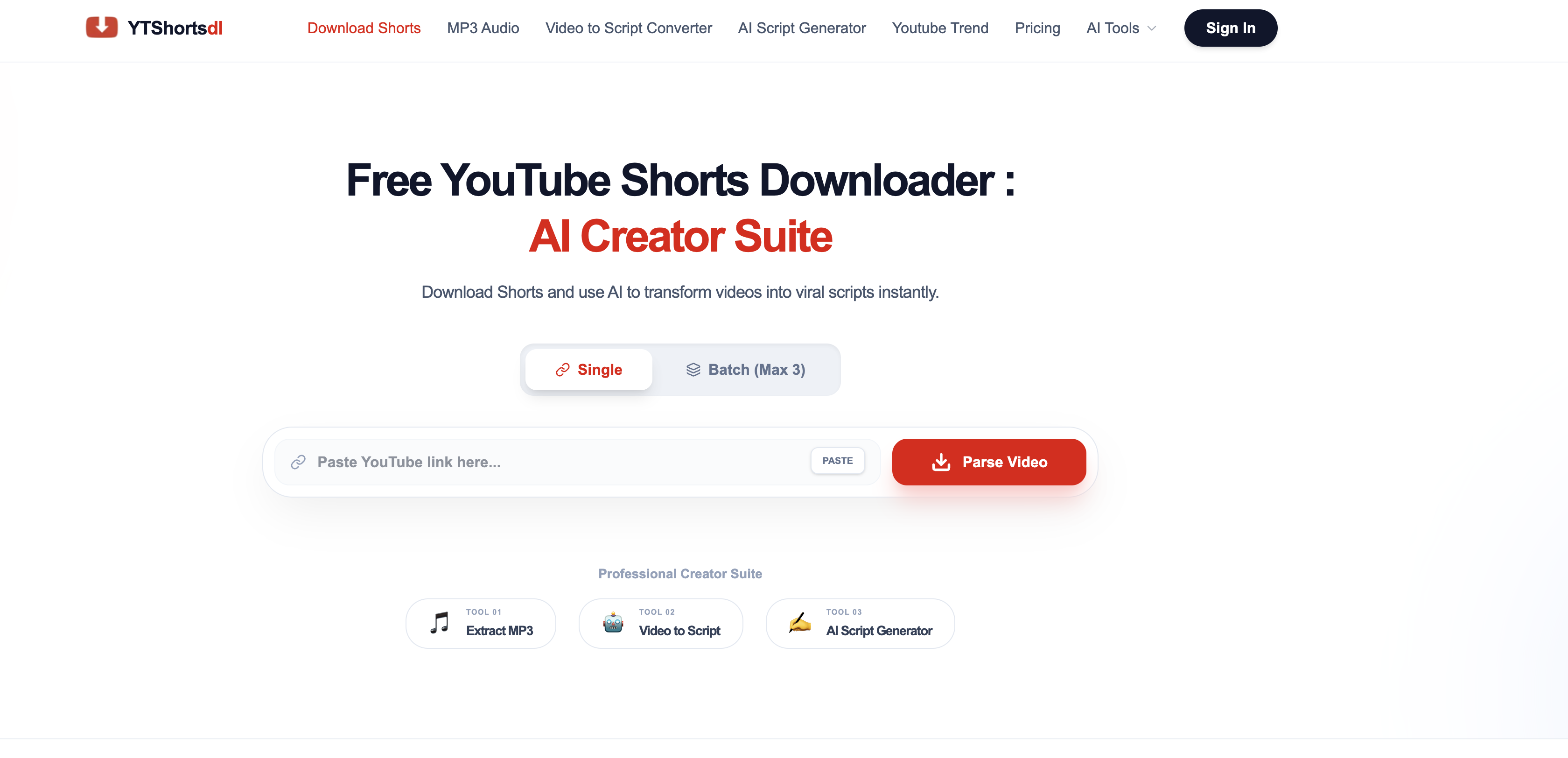 YTShortsdl - Screenshot showing the interface and features of this AI tool