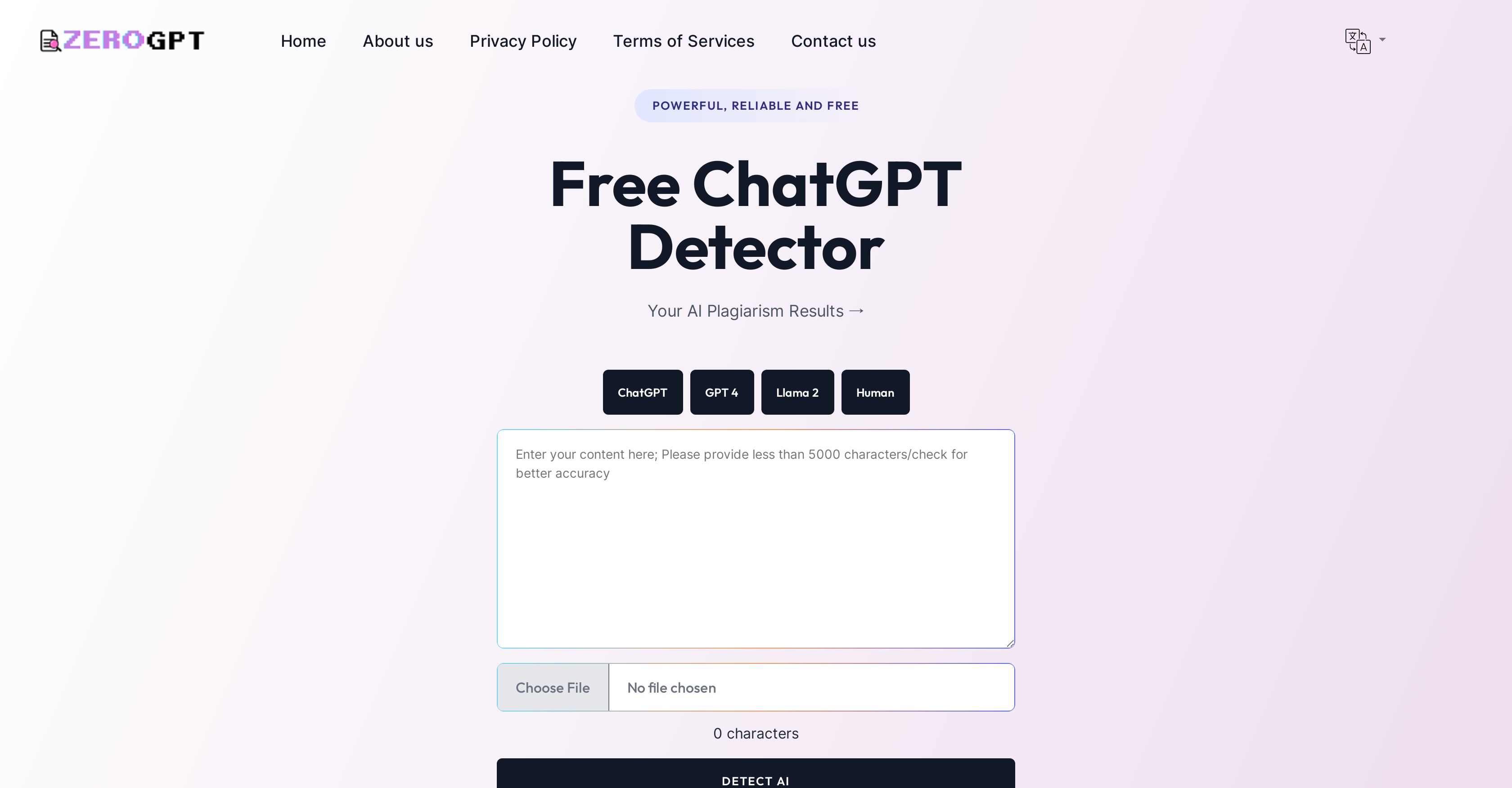ZeroGPT - Free ChatGPT Detector - Screenshot showing the interface and features of this AI tool